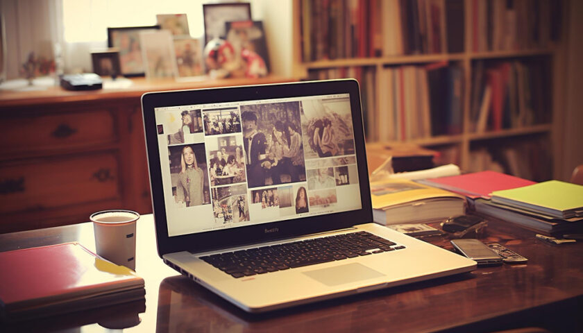 un ordinateur posé sur une table pour la création d'un album photo