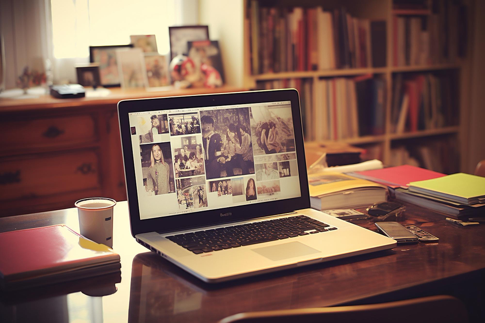 un ordinateur posé sur une table pour la création d'un album photo